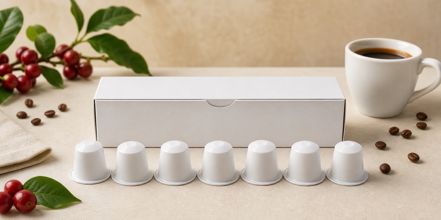 Capsules blanches avec tasse de café
