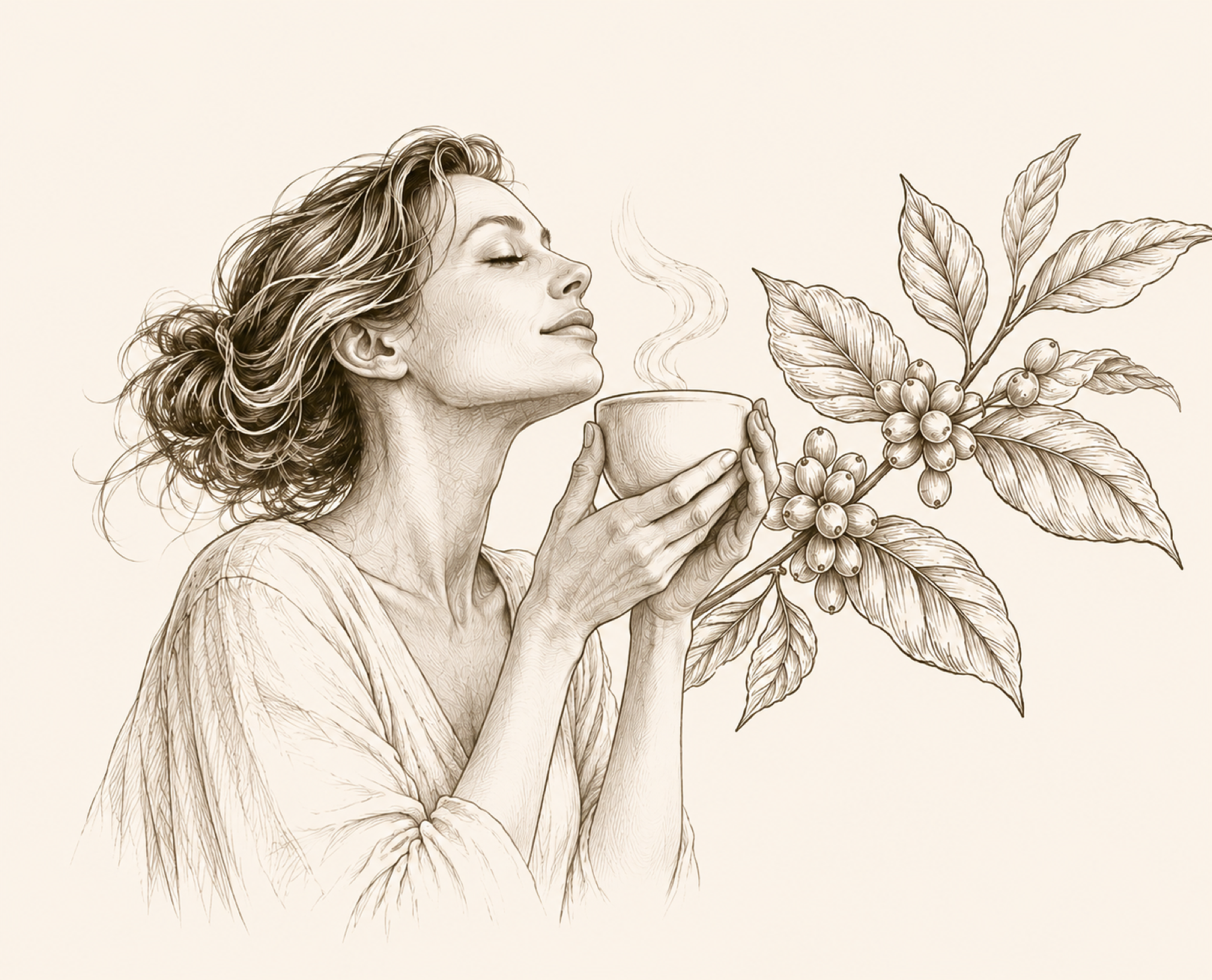 Illustration d’une femme avec une tasse près d’un caféier